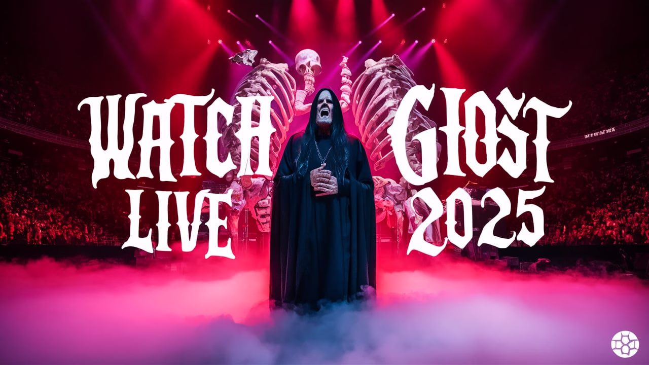 Ghost performing live at CFG Bank Arena during Skeletour World Tour 2025 in Baltimore on July 9. Papa V commands the stage under dramatic red lights.