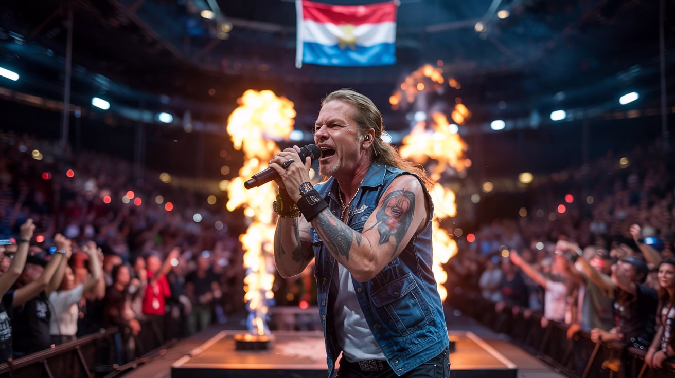 Guns N’ Roses performing live at Luxembourg Open Air 2025 with massive crowd and pyrotechnics.