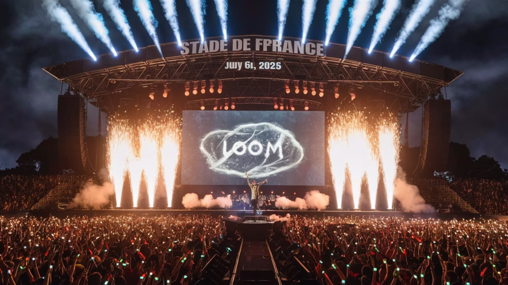 “Imagine Dragons perform LOOM World Tour at Stade de France in Paris, July 6, 2025, with crowd lights and pyrotechnics”