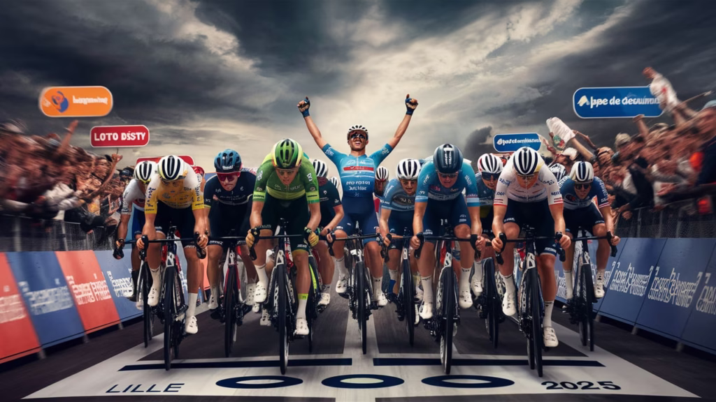 Tour de France 2025 Stage 1 Recap: Lille Start Delivers Intense Sprint Finish 2 “Jasper Philipsen wins Stage 1 of the Tour de France 2025 in a high-speed sprint finish in Lille, with cyclists from Lotto Dstny and BORA battling closely behind amid cheering crowds.”
