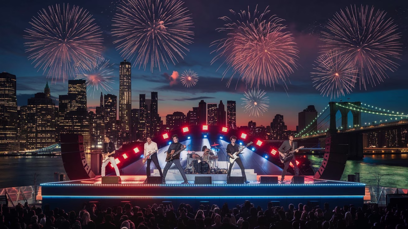 Jonas Brothers performing live on a rooftop stage during Macy’s 2025 fireworks in NYC, with fireworks bursting behind them.