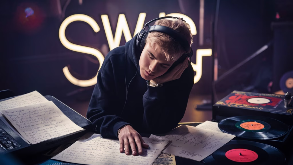 Justin Bieber SWAG album cover artwork with handwritten lyrics and emotional studio lighting