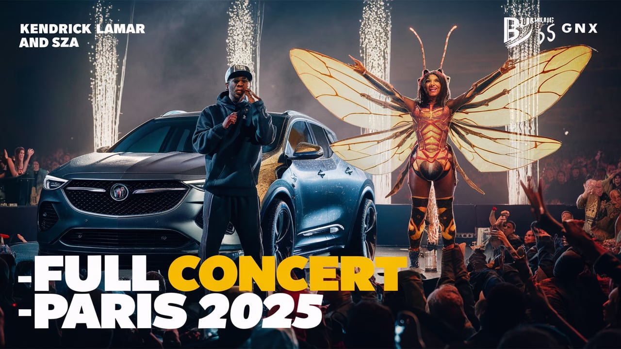 Kendrick Lamar and SZA perform live in Paris during the Grand National Tour 2025 full concert, with dramatic lighting, pyrotechnics, and crowd energy.