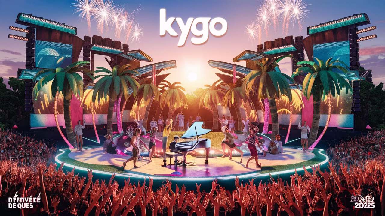 Kygo performing live at Festival d’été de Québec 2025 under a sunrise sky with LED visuals and crowd energy.