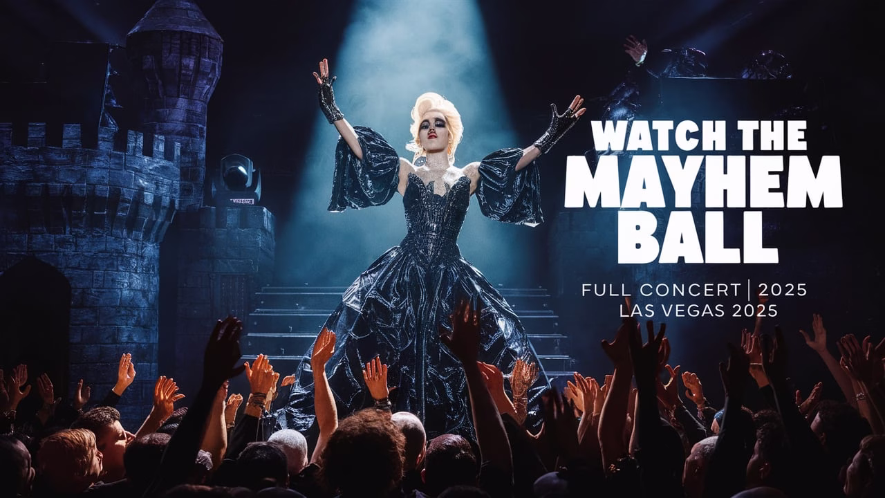 “Lady Gaga performing live at the MAYHEM Ball Tour in Las Vegas 2025 – full concert video on stage with gothic visuals and crowd.”