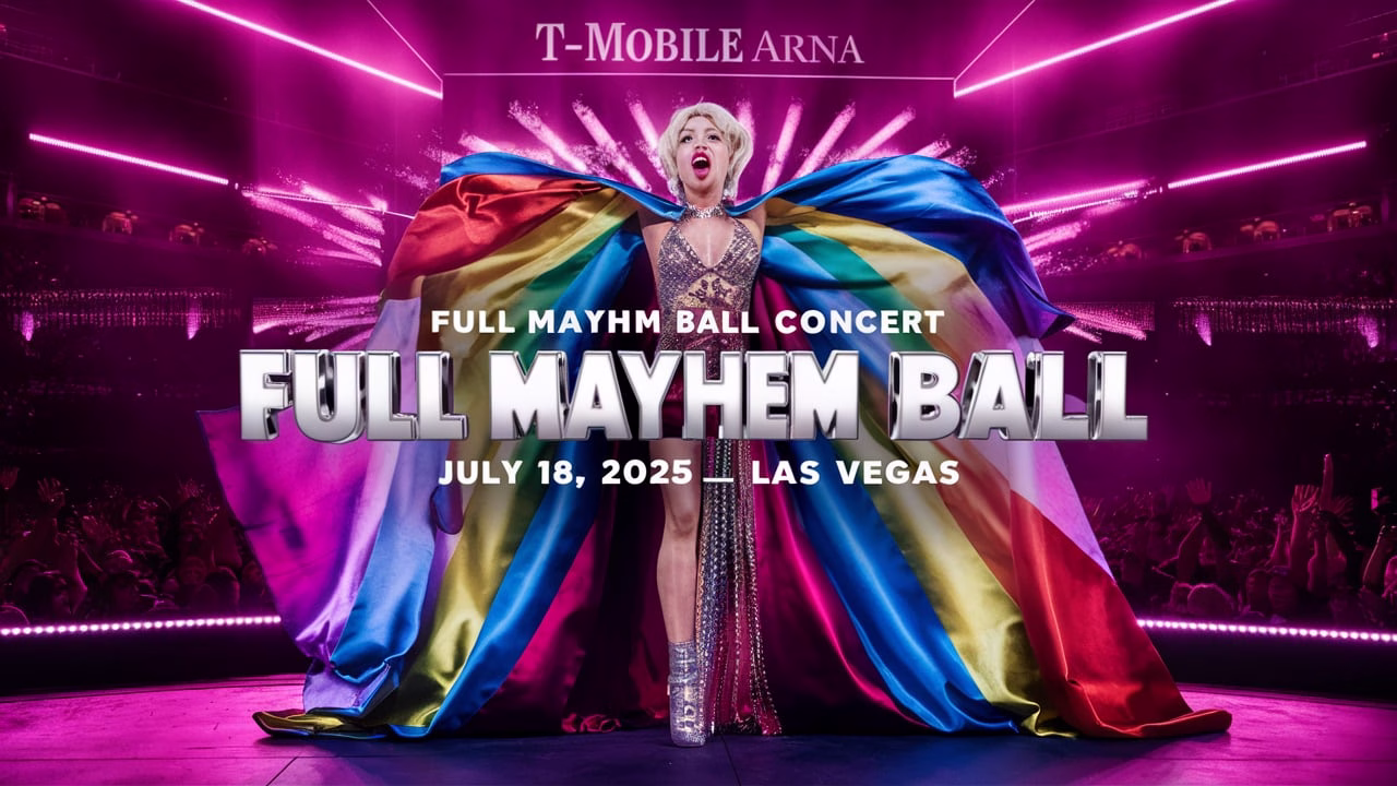 Lady Gaga performing live at the Mayhem Ball concert in Las Vegas on July 18, 2025, wearing a rainbow cape and surrounded by dramatic stage lighting.