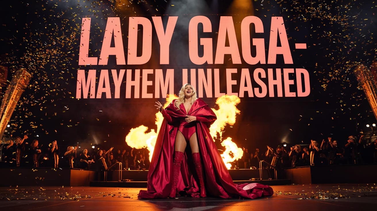 "Lady Gaga performing live at Kia Forum during The MAYHEM Ball Tour on July 29, 2025 with red lighting, dancers, and fire effects."