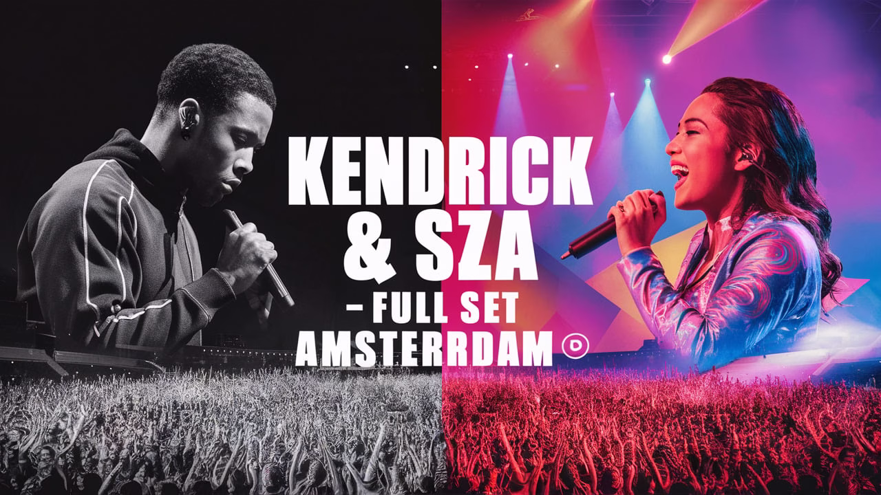 Kendrick Lamar and SZA performing live in Amsterdam during the Grand National Tour 2025 with vibrant crowd and stage visuals