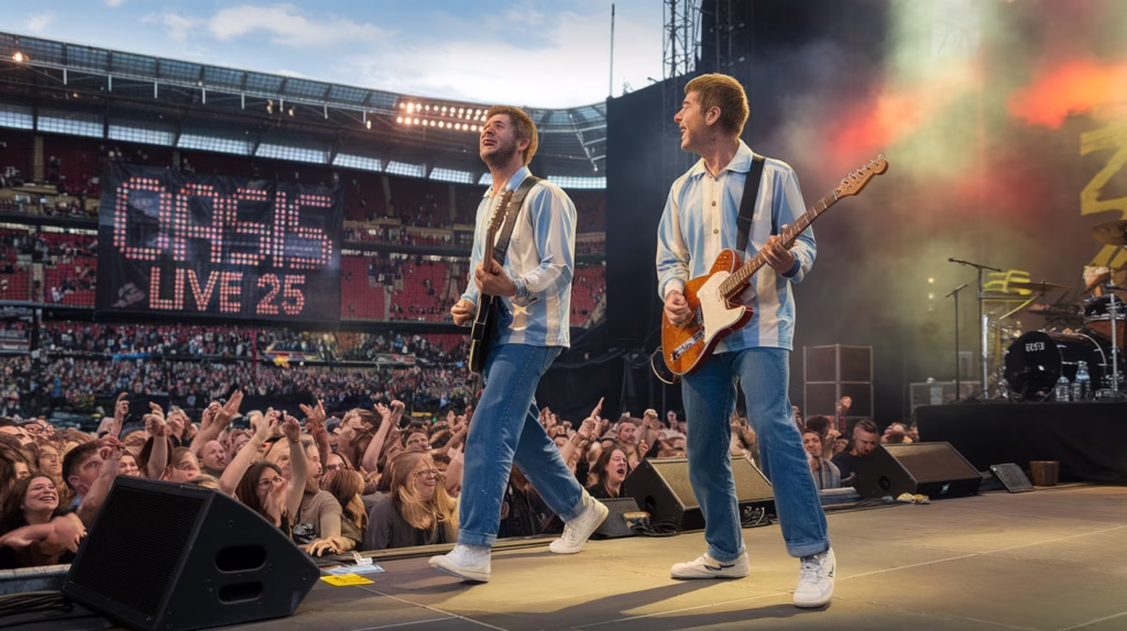 Liam and Noel Gallagher perform together on stage at the Oasis Live 2025 reunion in Cardiff’s Principality Stadium.