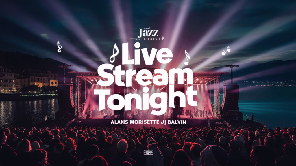 "Montreux Jazz Festival 2025 stage illuminated at night beside Lake Geneva with crowd watching live performance"