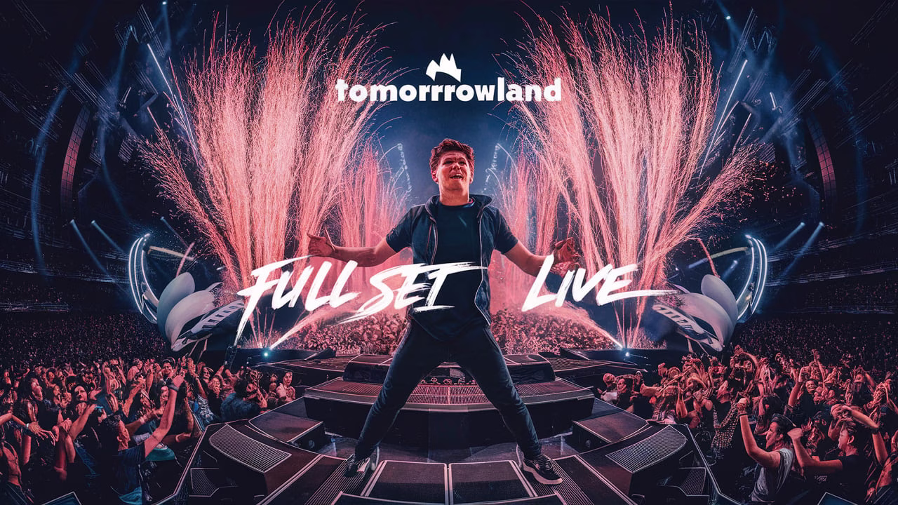 Martin Garrix performing live at Tomorrowland 2025 MainStage with vibrant lights and pyrotechnics in Boom, Belgium.