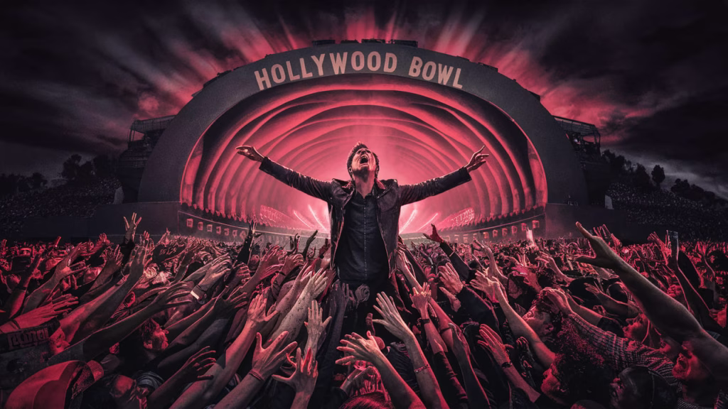 My Chemical Romance performing live at the Hollywood Bowl, with Gerard Way engaging the massive crowd under dramatic red and black stage lights and the iconic shell of the venue in the background.