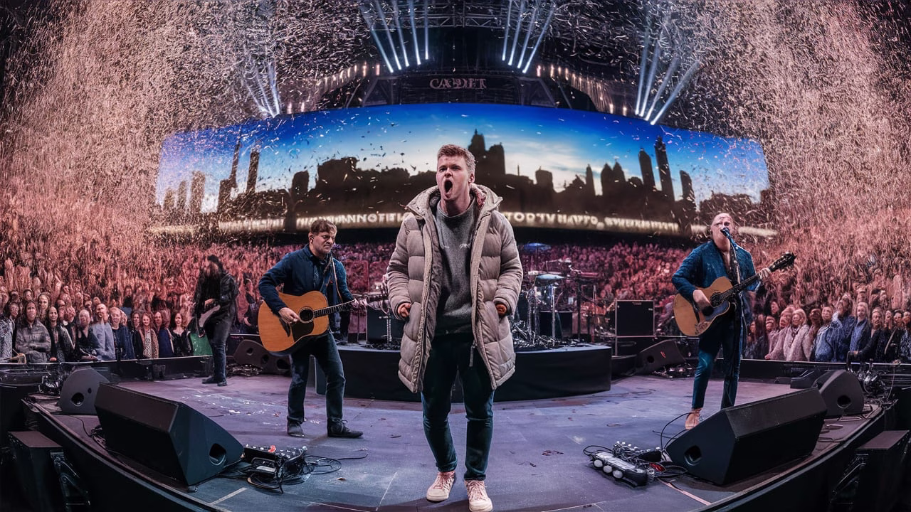 Oasis performing at Principality Stadium in Cardiff during their 2025 reunion tour, surrounded by fans and bright visuals.
