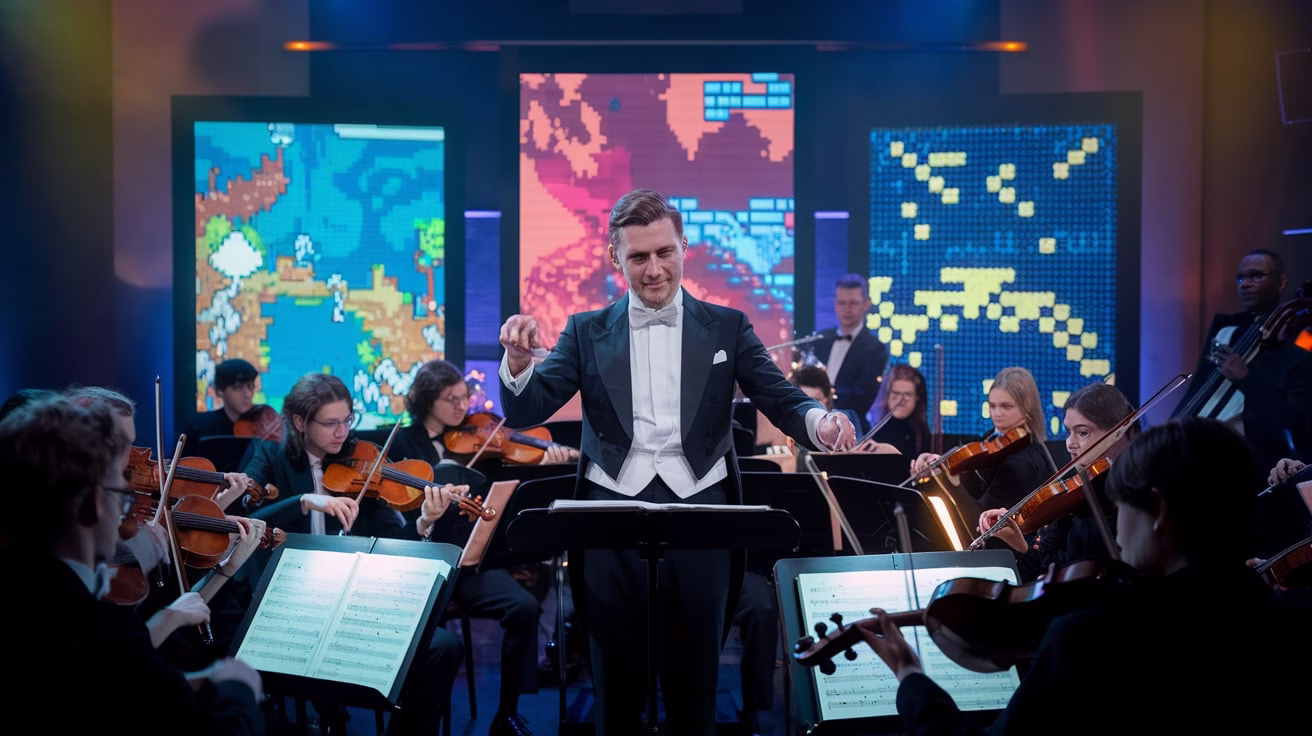 “Orchestra playing live video game music during an esports concert with dynamic visuals”