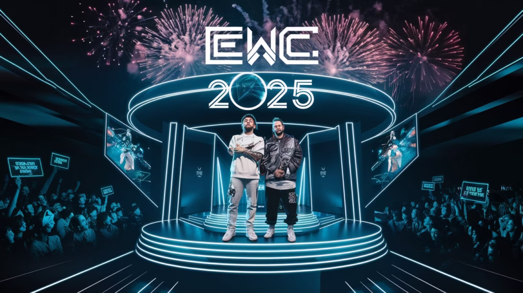Post Malone and DINO performing live at the EWC 2025 Opening Ceremony in Riyadh, surrounded by crowd, lights, and stage visuals.