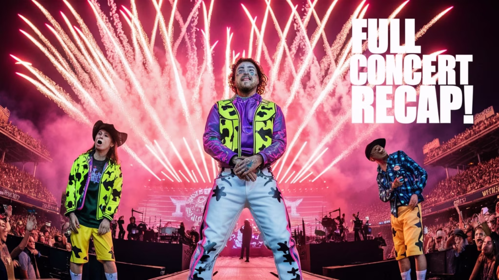 Post Malone performs live at Wrigley Field during his Big Ass Stadium Tour with Jelly Roll, fireworks in background, neon lights glowing.