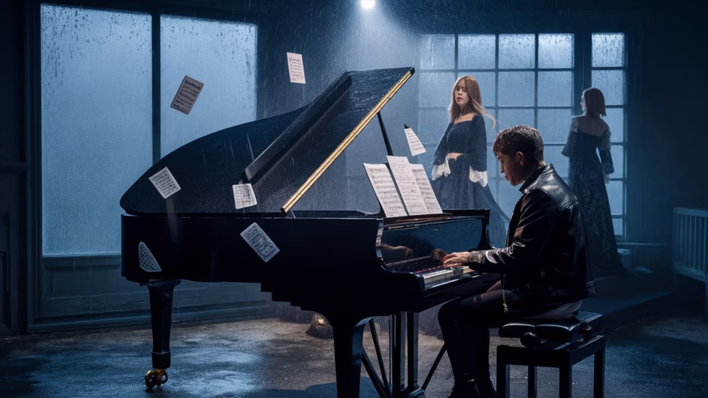 ROSÉ and Alex Warren in moody piano scene from “On My Mind” music video