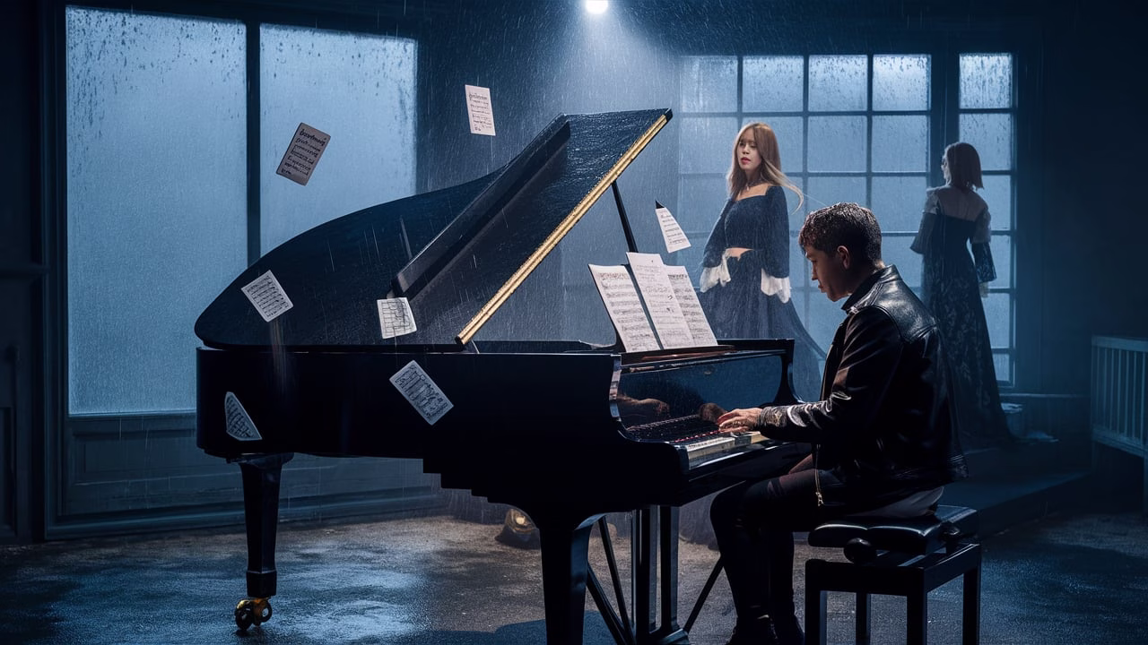 ROSÉ and Alex Warren in moody piano scene from “On My Mind” music video