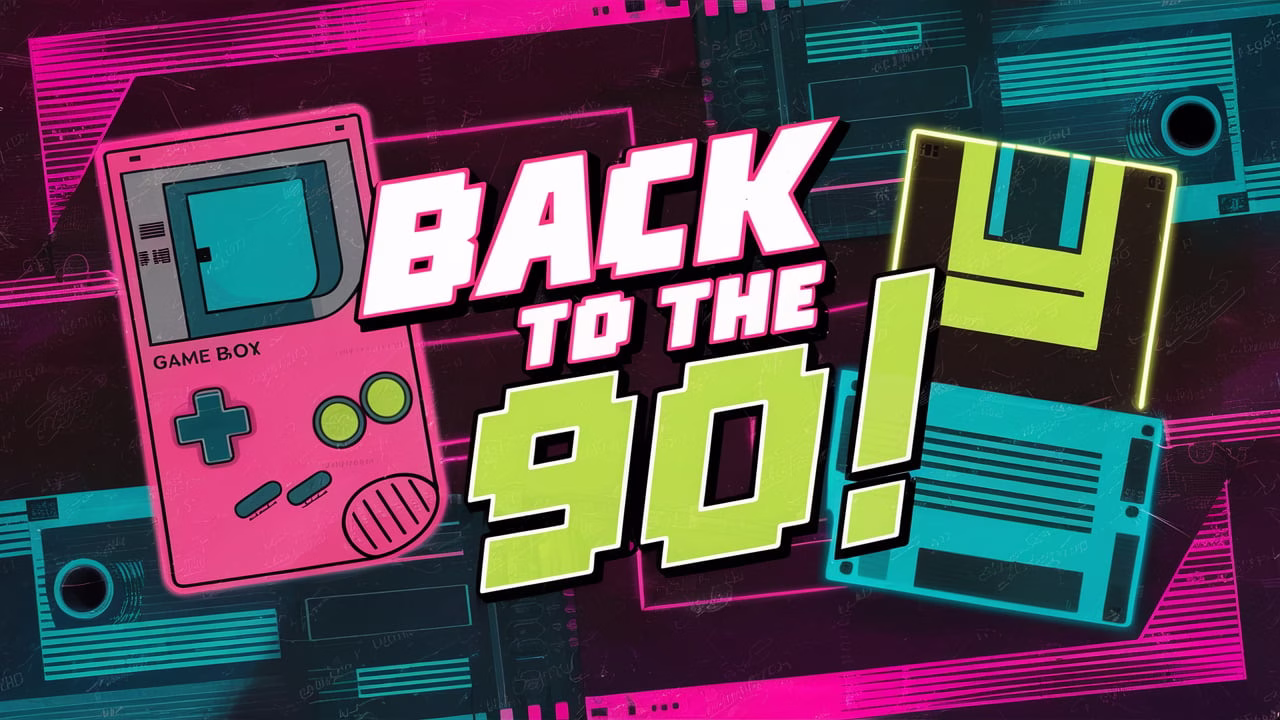 Retro thumbnail with Game Boy, floppy disk, neon pixel font reading “Back to the 90s!” and bold 2000s aesthetic colors.