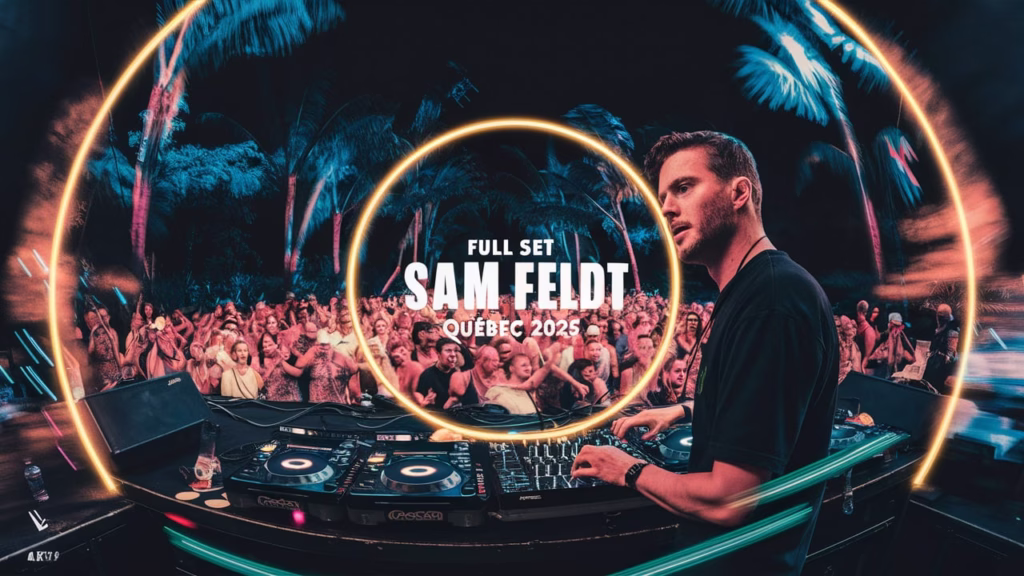 Sam Feldt performing live at Festival d’été de Québec 2025 with a glowing crowd and tropical-themed stage lighting