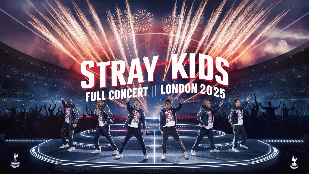 Stray Kids performing live at Tottenham Hotspur Stadium during dominATE Tour in London 2025 with fireworks and LED screen effects.
