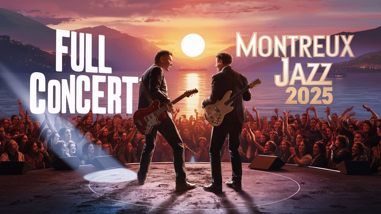 The Black Keys performing live at Montreux Jazz Festival 2025 on the Scène du Lac stage with lights reflecting over Lake Geneva.