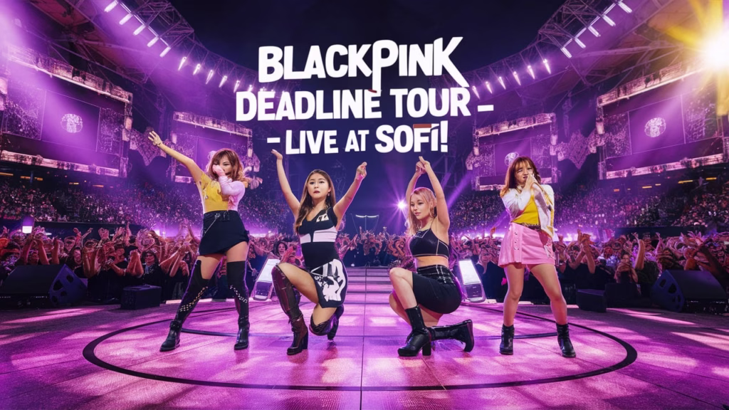 BLACKPINK performing on stage during their DEADLINE Tour at SoFi Stadium on July 12, 2025, with vibrant lighting and cheering fans.
