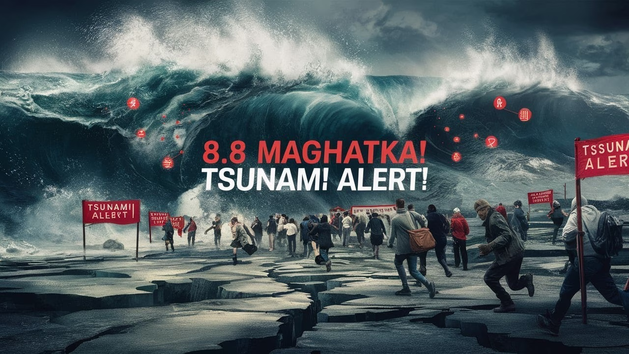 "Cracked coastline near Kamchatka as tsunami waves crash into port cities after 8.8 magnitude earthquake."