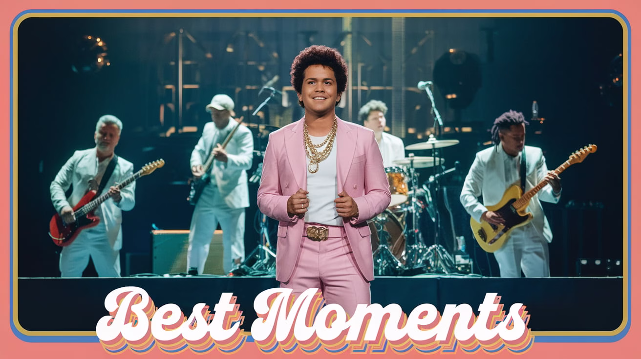 Bruno Mars performing live at Dolby Live, Las Vegas, vibrant choreography and audience engagement.