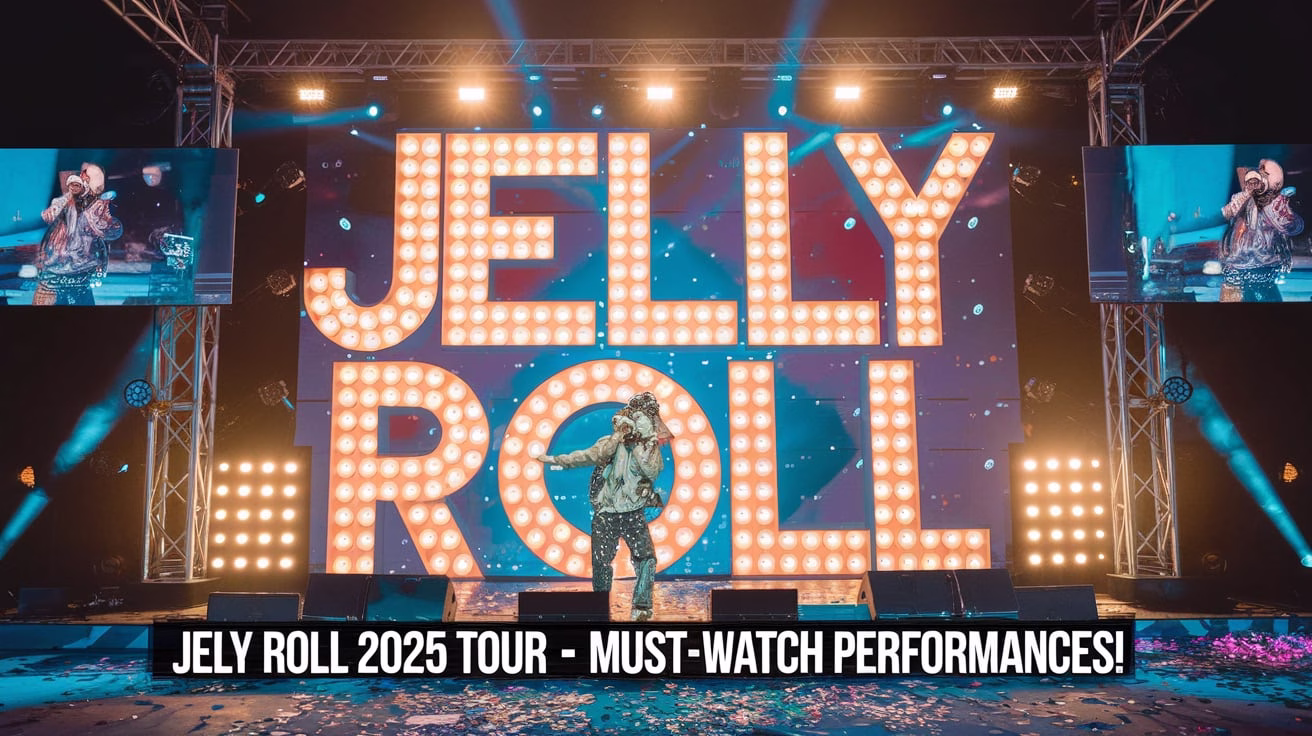 Jelly Roll performing live on stage during his 2025 tour with fans cheering in the background.