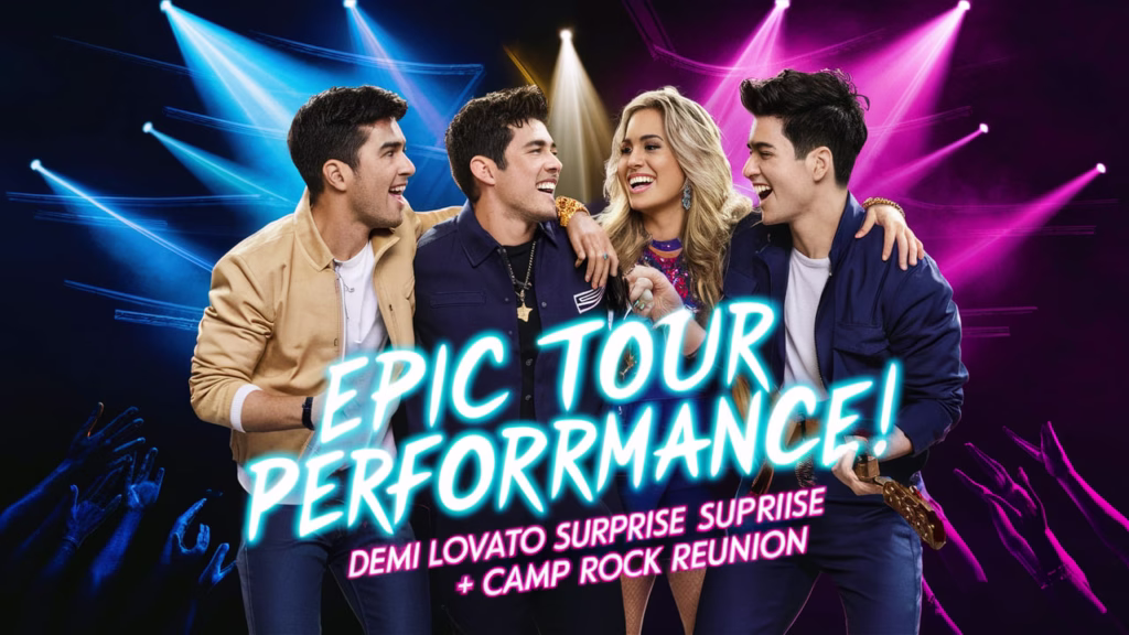 Jonas Brothers performing live at MetLife Stadium with Demi Lovato joining them on stage for a surprise Camp Rock reunion during the Jonas20 tour kickoff in 2025.