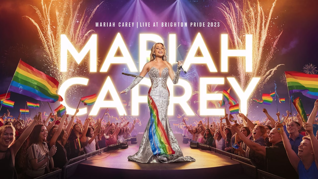 Mariah Carey performing on the Brighton Pride 2025 main stage under rainbow lights.