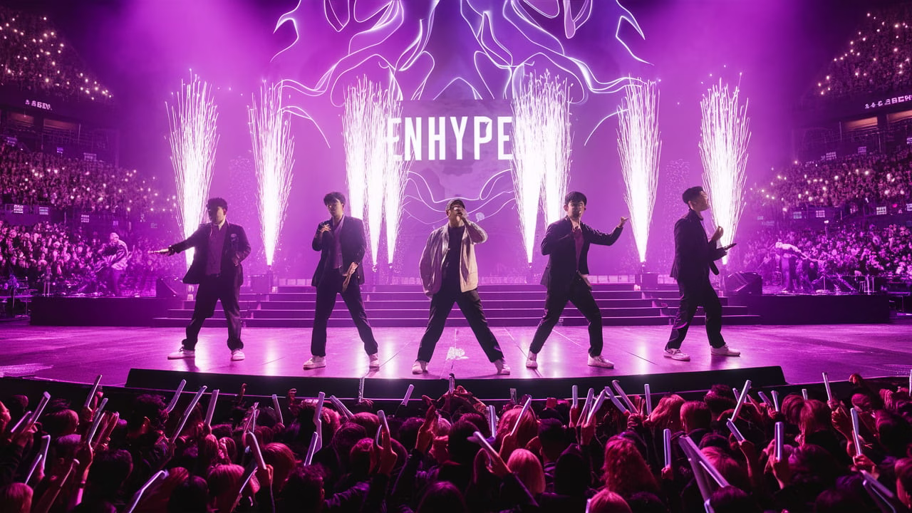 “ENHYPEN performing live at AO Arena Manchester 2025 with purple stage lights, fireworks, and thousands of fans holding lightsticks.”