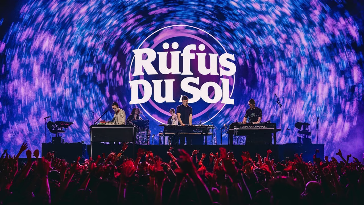 RÜFÜS DU SOL performing under blue and purple lights at Lollapalooza 2025