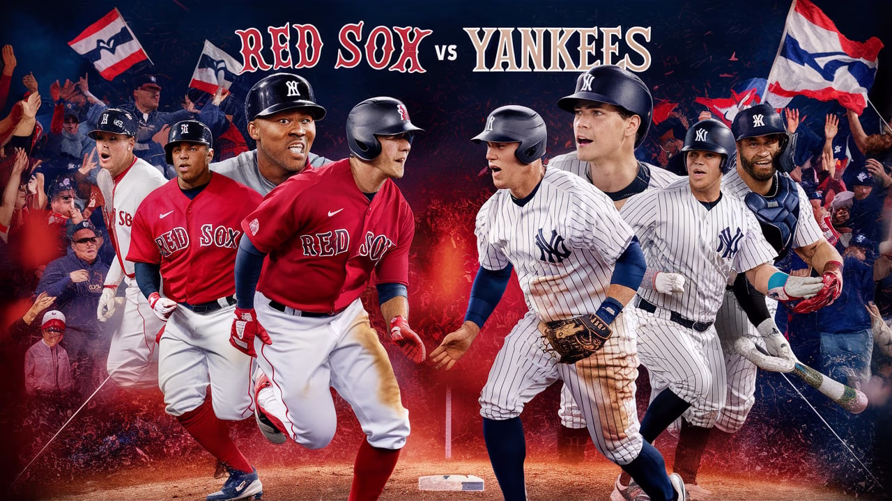 Roman Anthony hitting a two-run homer at Yankee Stadium, Brayan Bello pitching against Yankees, Nathaniel Lowe celebrating an RBI double, fans cheering in the stadium.