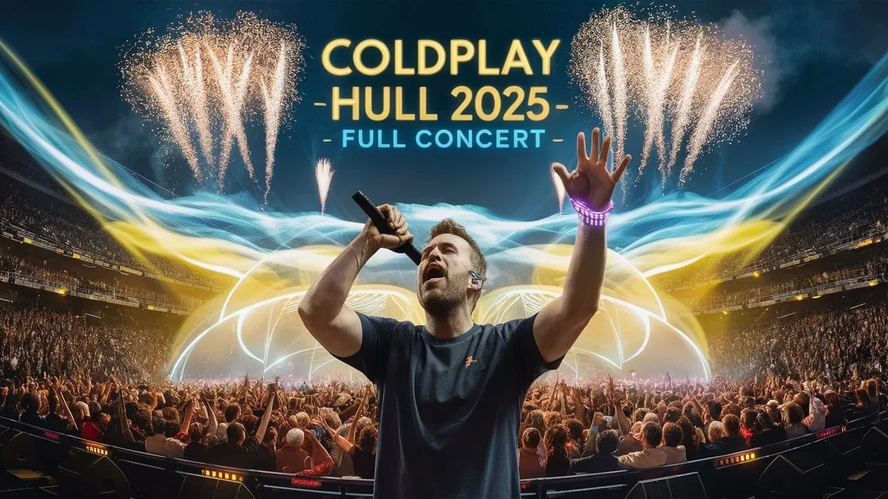 “Coldplay performing live at Wembley Stadium 2025 with fireworks, colorful lights, and a sold-out crowd.”