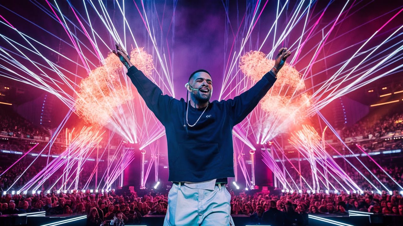 “Drake performs live at Royal Arena Copenhagen during the Some Special Shows 4 U Tour 2025 with full stage visuals and fans cheering.”