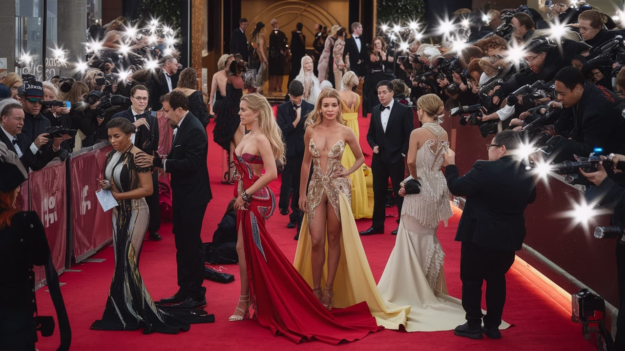 Red carpet at TIFF 2025 with celebrities walking, paparazzi flashing, and glamorous fashion showcased during Toronto International Film Festival