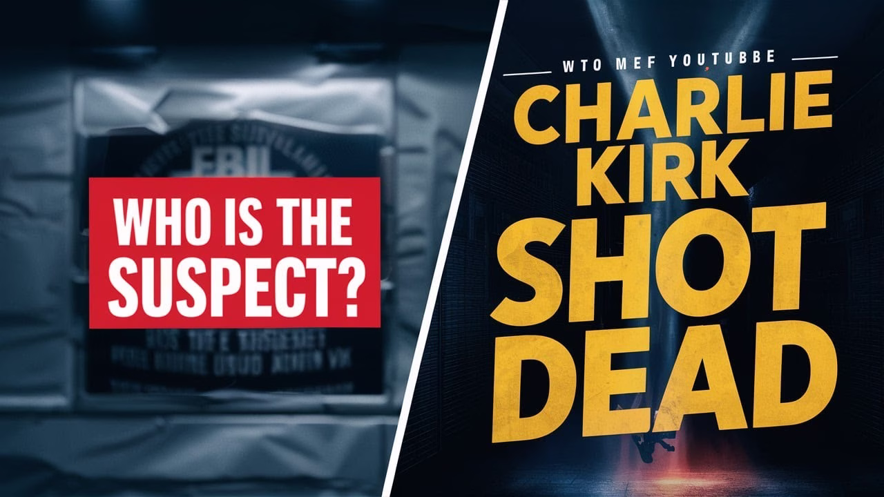“Breaking news thumbnail of Charlie Kirk assassination with podium silhouette, sniper scope overlay, and bold headline about 10 untold facts.”